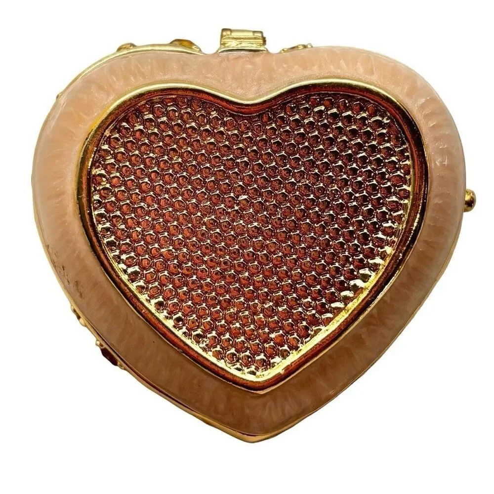 Vintage Hallowed Heart Rhinestone and Flower Heart Shaped Jewelry Box